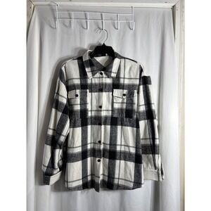Automet Women's Plaid Flannel Oversized‎ Shirt Jacket Black White Size XL